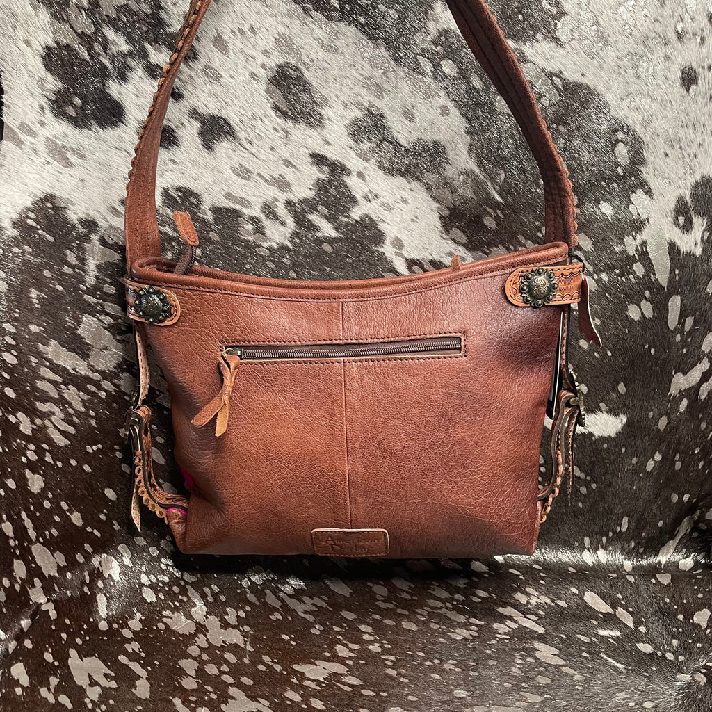 American Darling Hot Pink and Silver Acid Wash Cowhide Tooled Leather Handbag