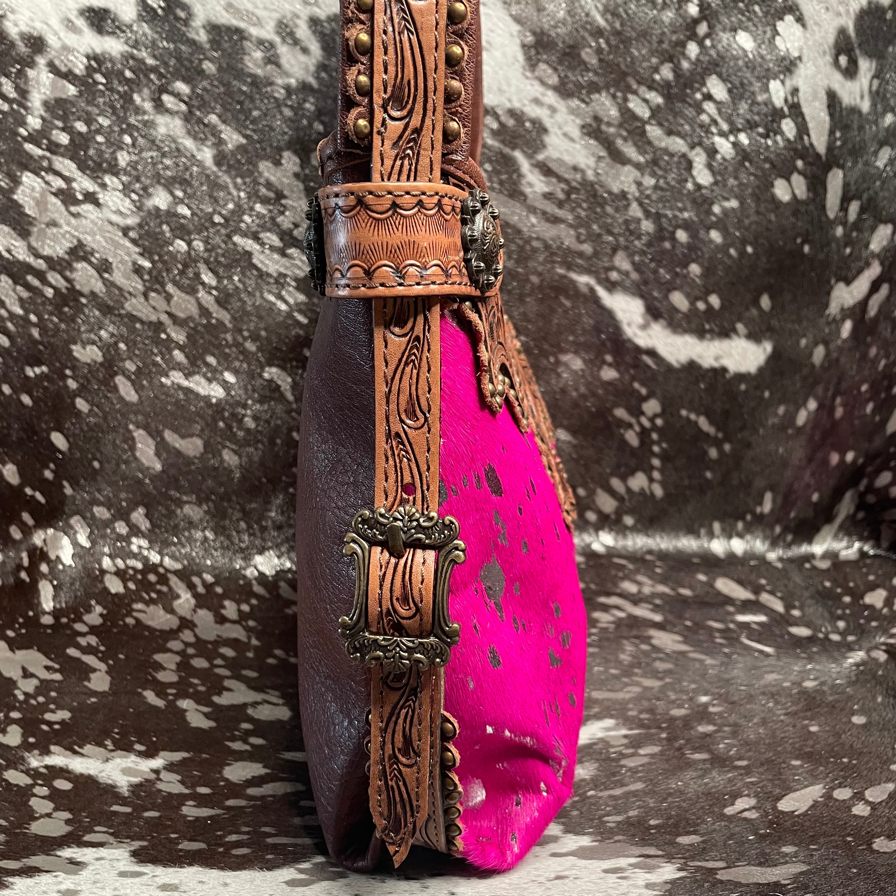 American Darling Hot Pink and Silver Acid Wash Cowhide Tooled Leather Handbag