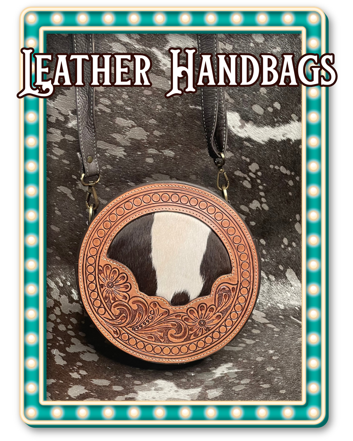 Western leather handbag with decorative circular design on a textured background with 'Leather Handbags' text.