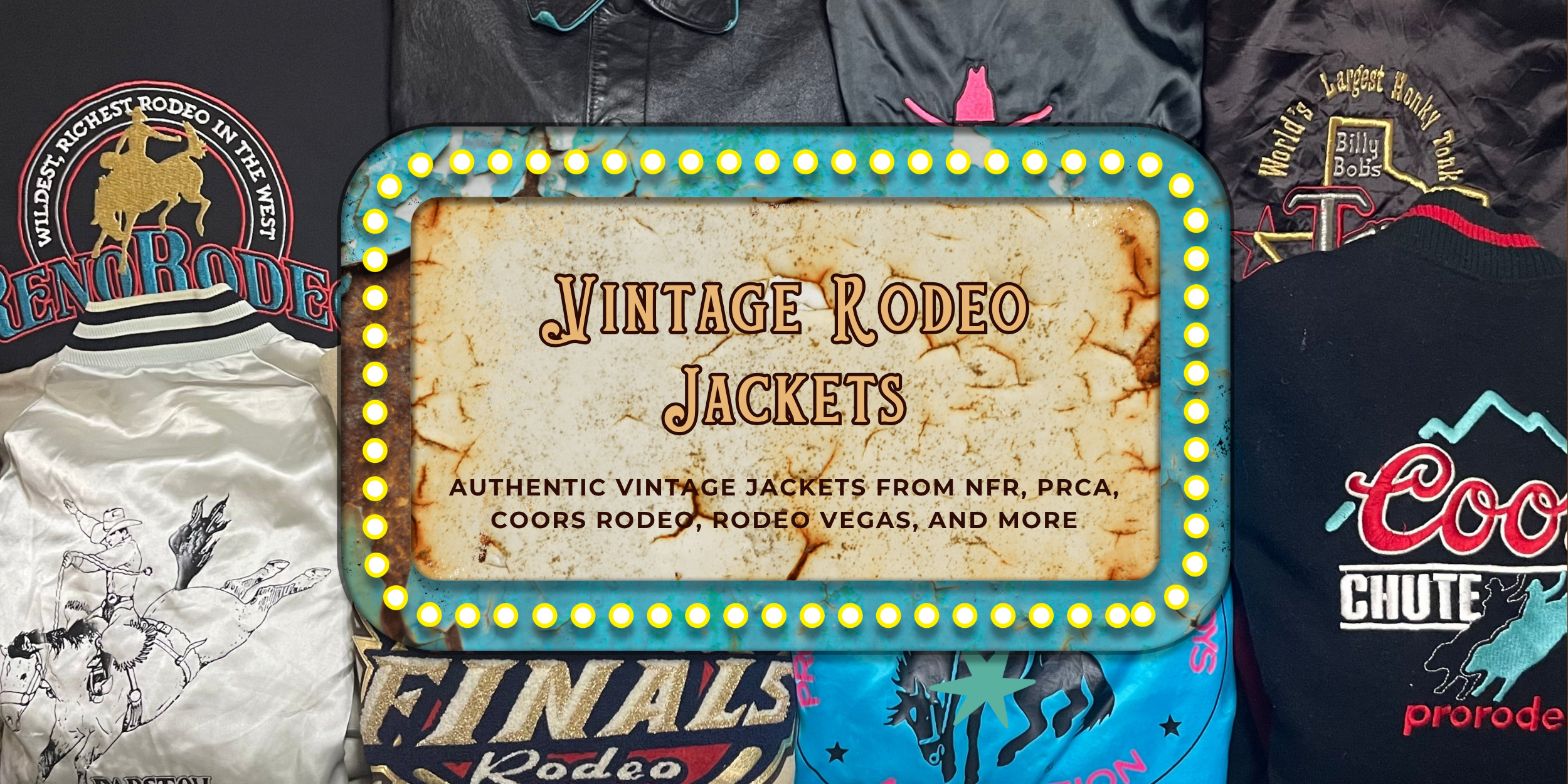 Vintage rodeo jackets with a decorative sign in the center.